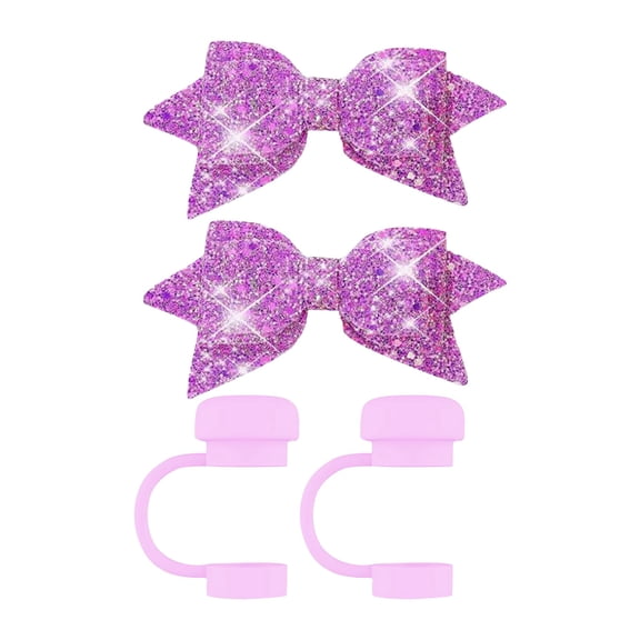 Glitter Star Bow Straw Toppers with Silicone Straw Caps - 2 Light-Up Bow Straw Covers 2 Reusable Silicone Straw Lids in Pink, for Tumblers, Water Bottles, Daily Use, Parties