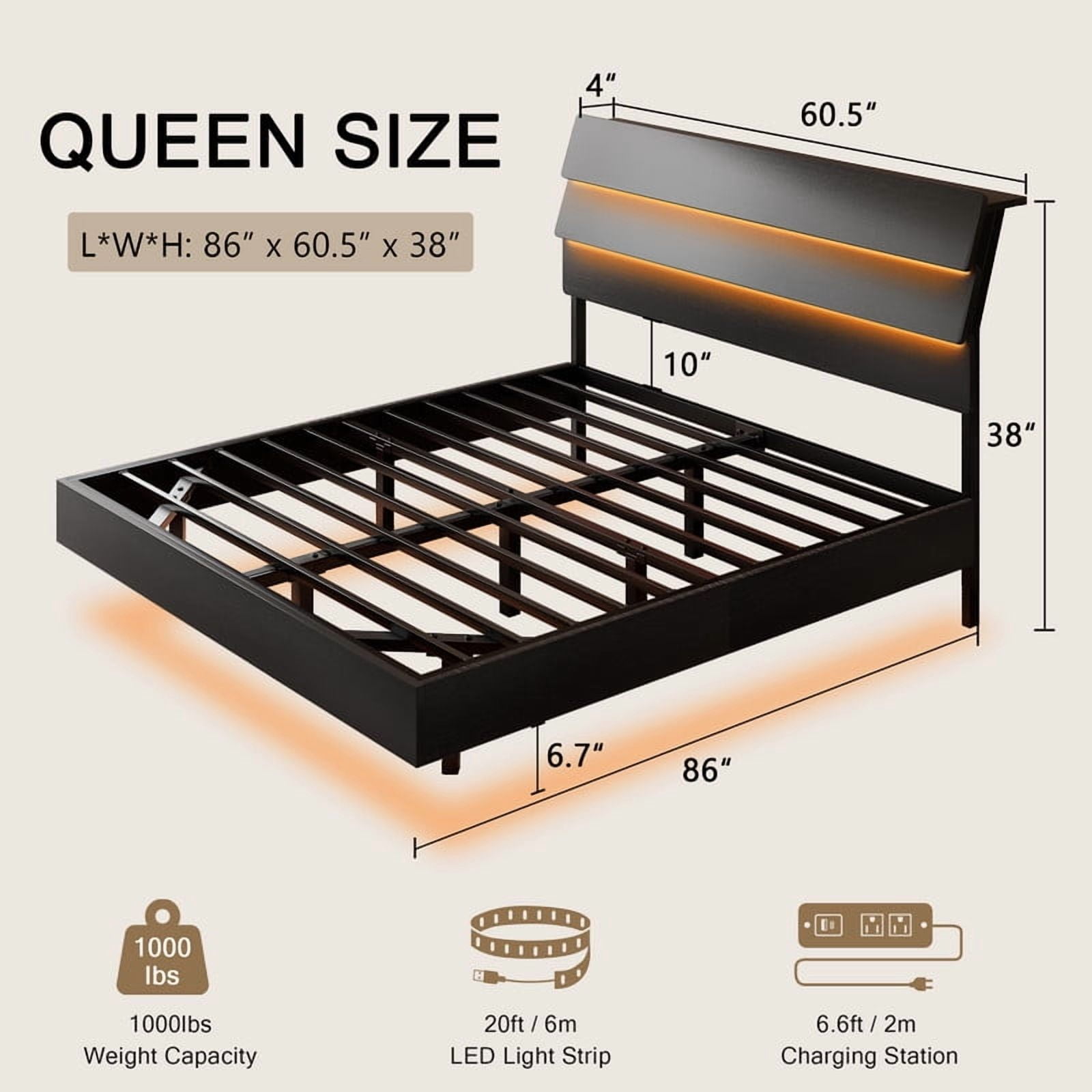 Einhomn Floating Bed Frame Queen Size with Storage Headboard, LED Lights and Charging Station, No Box Spring Needed