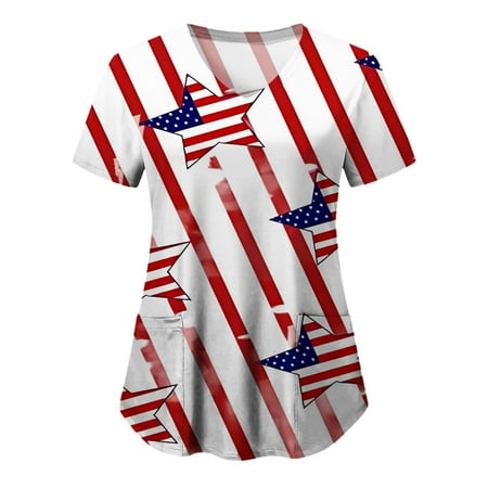 

Women Casual Independence Day Printed Short Sleeve Pocket Loose Top V-Neck Pocket Top Scrubs Top Uniform Nurses Clothing Workwear Leisure Clothes
