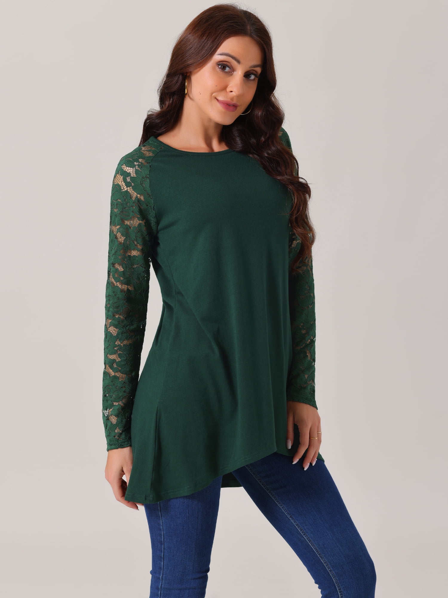 DARING DIVA Lace High Low Shirts Fall Blouse  L Dark Green