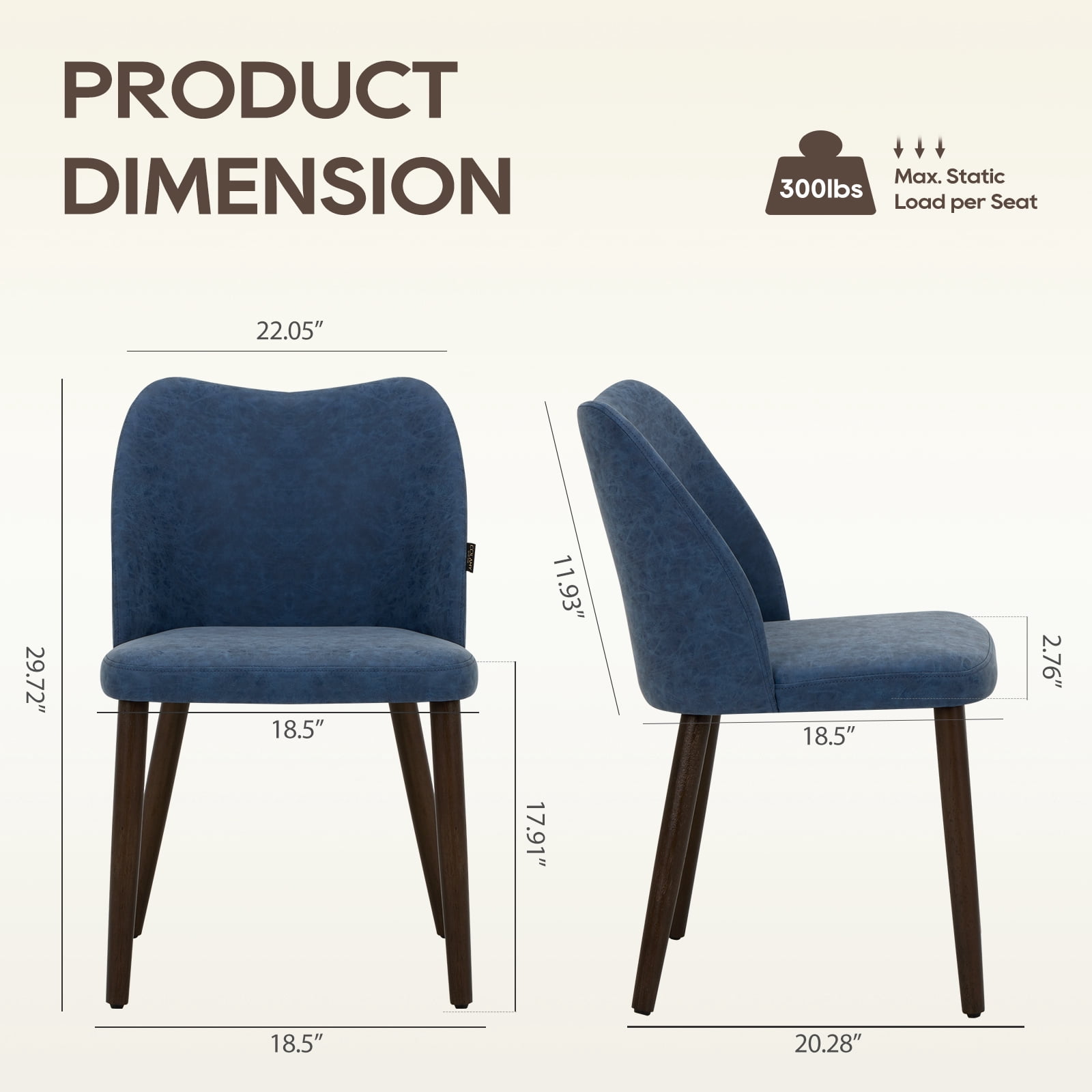 EOP Upholstered Dining Chairs Set of 2, Mid Century Modern Dining Room Chairs, Fabric Farmhouse Dining Side Chairs with Wood Legs, Armless Kitchen Chairs with Wingback, Blue