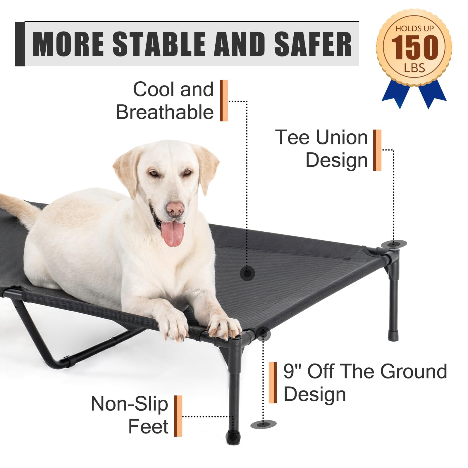 Xl Elevated Dog Bed For Large Dogs  Extra Raised Beds Heavy Duty Pet Cots With Durable Supportive Teslin Recyclable Mesh Indoor & Outdoor Dark Grey