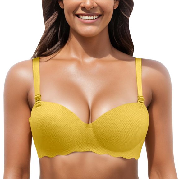Fsqjgq Sports Bras for Women Seamless No Underwire Gathered Push Up Wireless Bras for High School Girls Underwear Comfort Smoothing Bralettes Yellow Size D/38/85AB