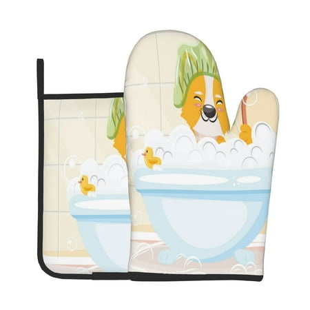 

Jgfou Corgi In The Shower Cap Bathing Pattern Oven Mitts and Pot Holders Sets Heat Resistant Oven Mittens Soft Lining Extra Thicken Long Kitchen Cotton Oven Glove for Cooking