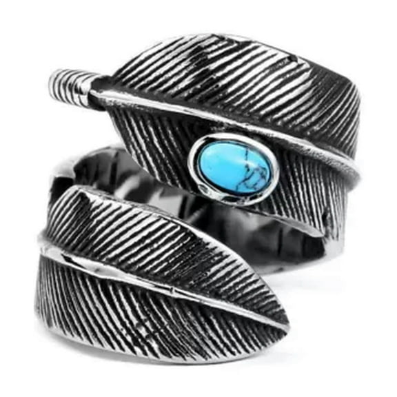 K-KED Vintage Turquoise Inlay Feather Ring Stainless Steel Men's Biker Punk Band Ring-7