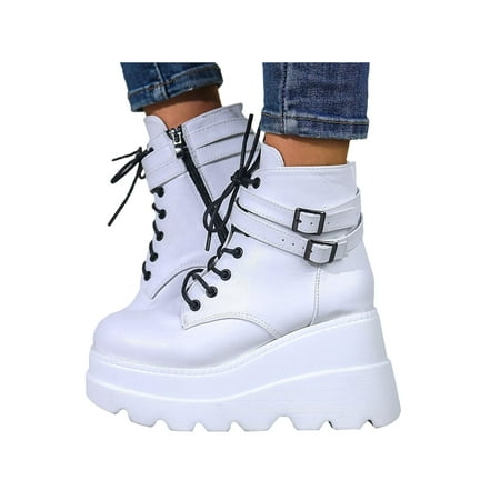 

Fangasis Women s Chunky Platform Heel Ankle Boots Ladies Goth Punk Buckle Lace Up Shoes