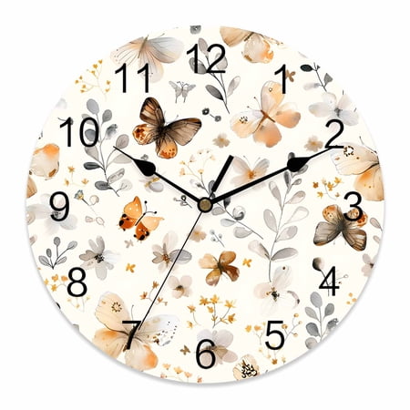 12 Inch Vintage Watercolor Wall Clock, Butterfly Flower Plants Leaves Boho Beige Battery Operated Silent Non Ticking Clocks, Easy to Read Round Wall Clock for Kitchen/Living Room/Bedroom/Bathroom