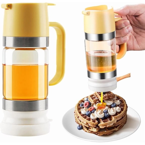 2026 Upgraded No-Drip Honey Dispenser – Glass Honey Jar with Handle, Maple Syrup Dispenser for Coffee & Tea, Mess-Free Pouring (Yellow)