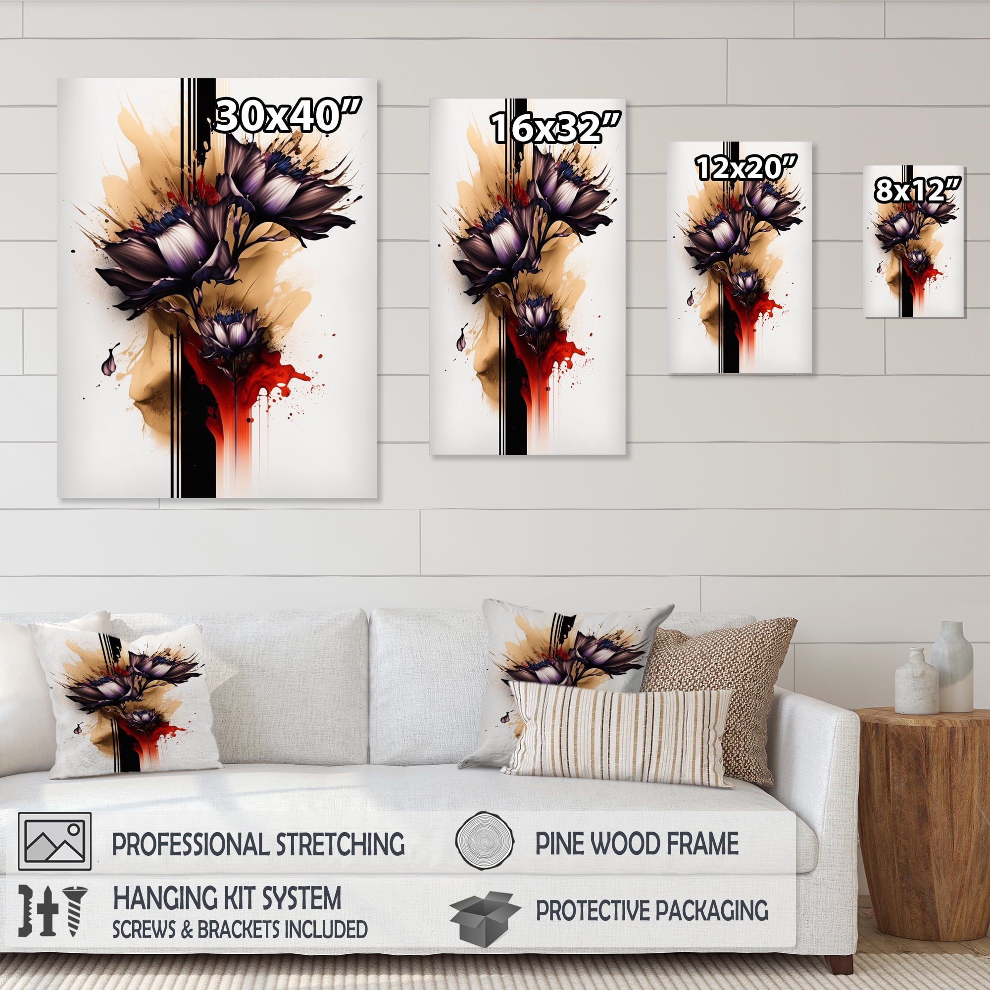 Designart Red Dahlia Flower On Abstract Paint Canvas Wall Art
