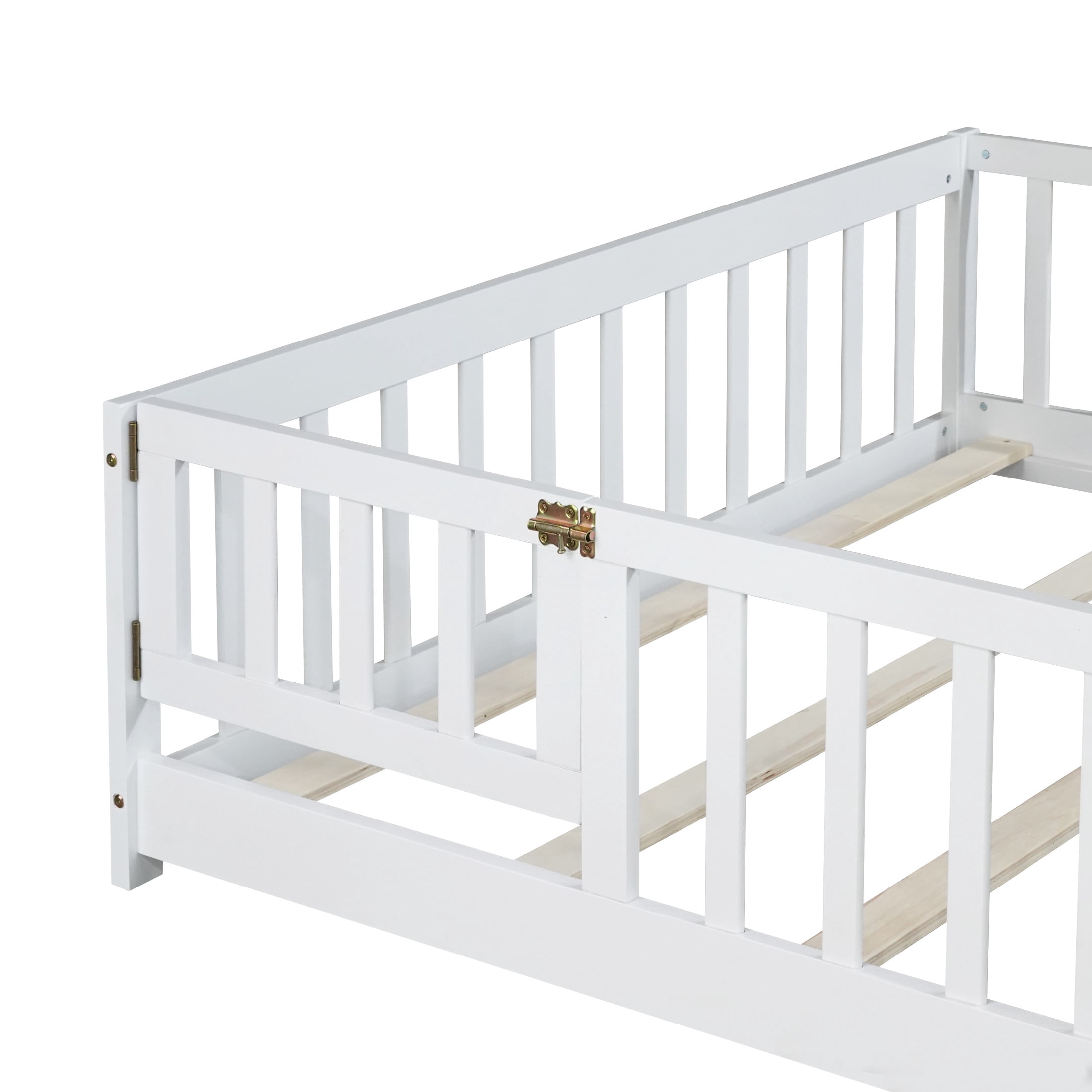Noble House Mira Full Floor Bed with Fence and Door, Sturdy Rubber Wood Montessori Bed Frame, Kid's Room, White