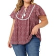 thumbnail image 4 of Agnes Orinda Women's Plus Size Bib Peasant Ditsy Floral Tie Neck Keyhole Chiffon Blouse 4X Red, 4 of 6