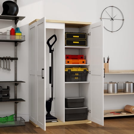 55.1 Tall White Wooden Vacuum Storage Cabinet with 2 Doors and Adjustable Shelf Broom Closet for Living Room Kitchen Garage Utility Room Bathroom