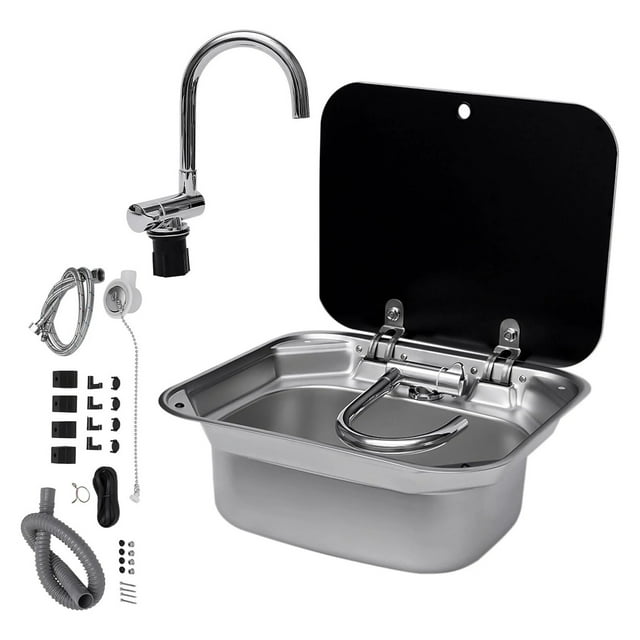RV 304 Stainless Steel Recessed Wash Basin Sink With Lid Sink With Folding Faucet For RV Caravan Boat Camper Bar Sink