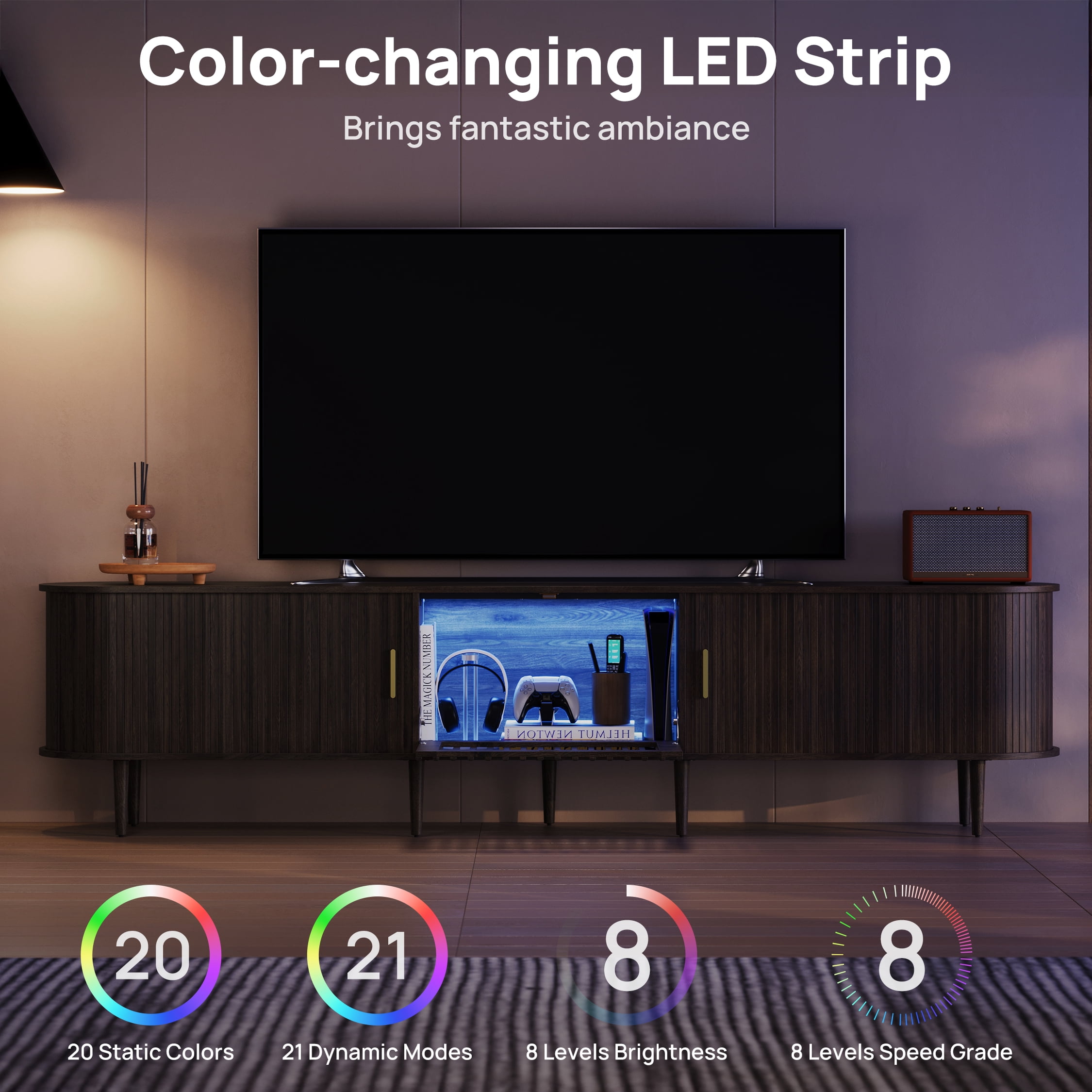CHIC HOUSE 95" Extra Long TV Stand for 85/90/98/100" TVs with LED Light, Mid-Century Modern Entertainment Center with Storage Shelves & Sliding Tambour Door, Walnut