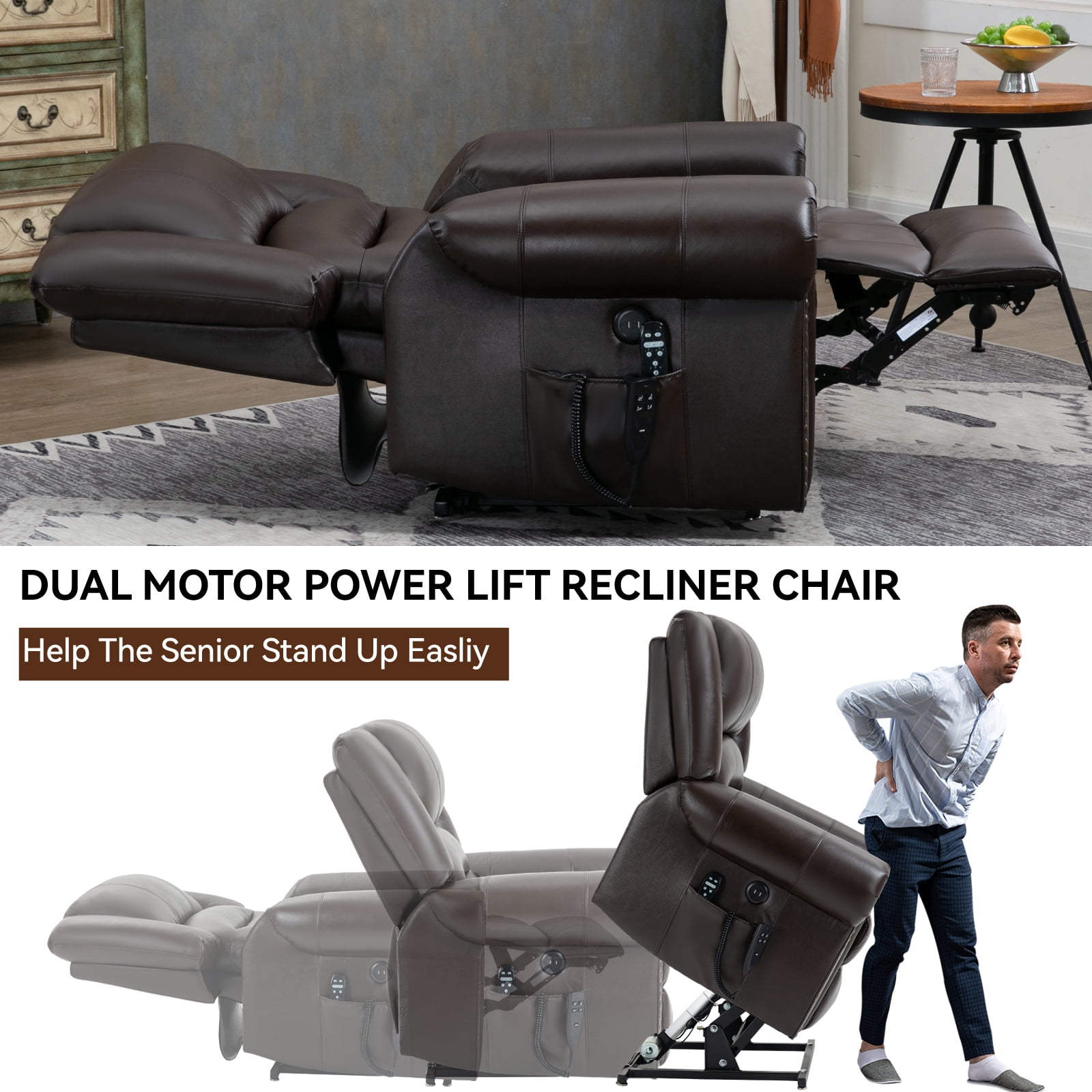 Alvantor Large Power Lift Recliner Chair for Elderly with Massage and Heat Genuine Leather Electric Recliners Chair with USB Ports for Living Room Brown