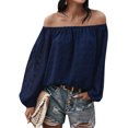 thumbnail image 4 of Women Off Shoulder Dot Pattern Lantern Long Sleeve Solid Color Blouse, 4 of 7