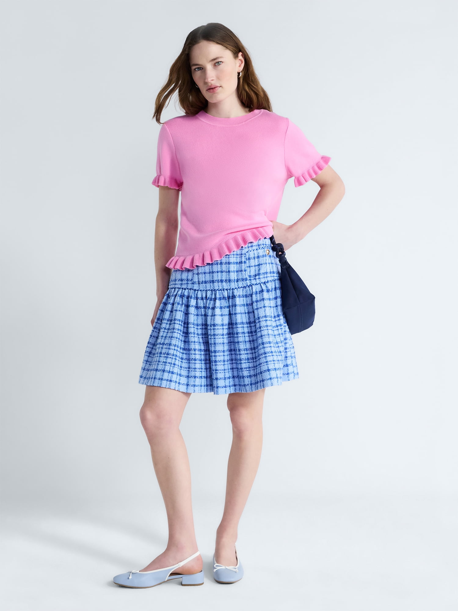 Free Assembly Women’s Ruffle Trim Sweater with Short Sleeves, Lightweight, Sizes XS-XXL