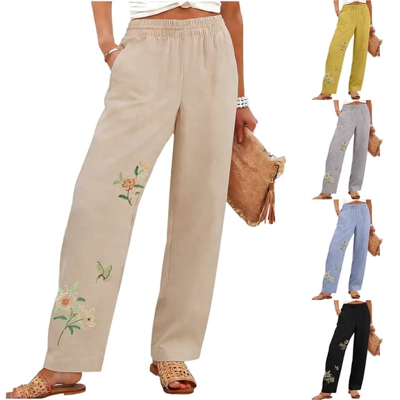 Kelon Women's Casual Pants, Embroidered Linen Pants for Women High Waisted Wide Leg Cropped Palazzo Pants with Pockets Cute Ruffle Boho Flowy Beach Pant, M