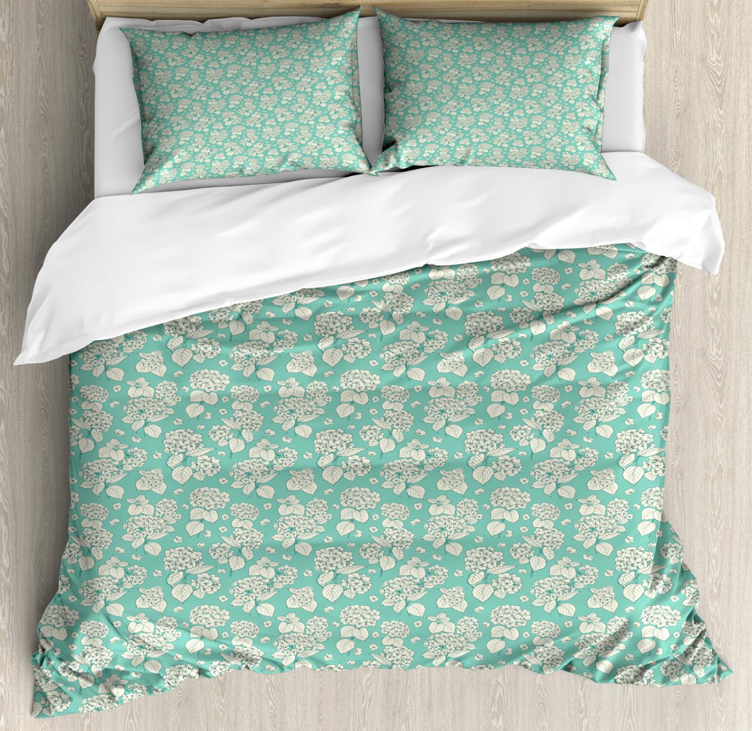 Floral Duvet Cover Set Queen Size, Hydrangea Flowers Repeating Romantic Feminine Composition on