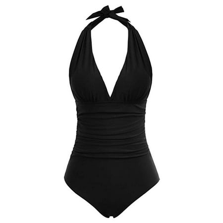 Crochet Deep Plunge Monokini - Women's Retro One-Piece Swimsuit Plunge Deep V Neck Halter Monokini Swimwear