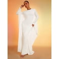 thumbnail image 3 of White Solid Round Neck Batwing Long Sleeve Slim Fit Maxi Dress With Flowing Drape, 3 of 5