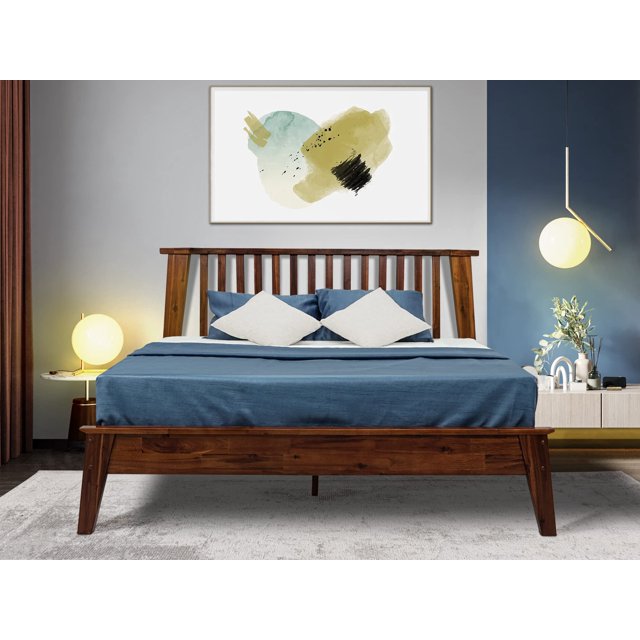 Acacia Kaylin Wooden Bed Frame with Headboard, Solid Wood Platform bed with Wood Slat Support, No Box Spring Needed, Queen (U.S. Standard), Chocolate, 14 Inch, V1