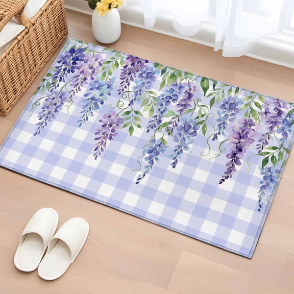 Rectangle Rug 2x3ft Area Rug,Watercolor Purple Flowers Buffalo Area Rugs for Living Room Bedroom,Spring Floral Green Leaves Floor Mat Non-Slip Non-Shedding Carpet Indoor Accent Rugs