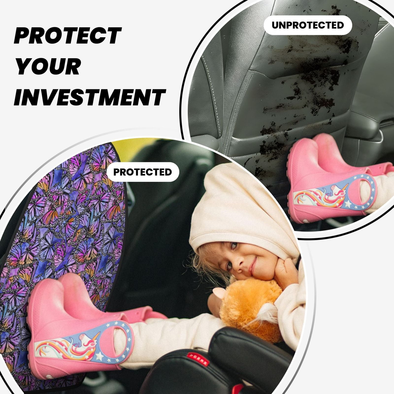 Xecao Watercolor Butterflies Pattern Car Seat Back Protector 2 Pack Large Capacity Pocket, Kick Mats Back Seat Protector
