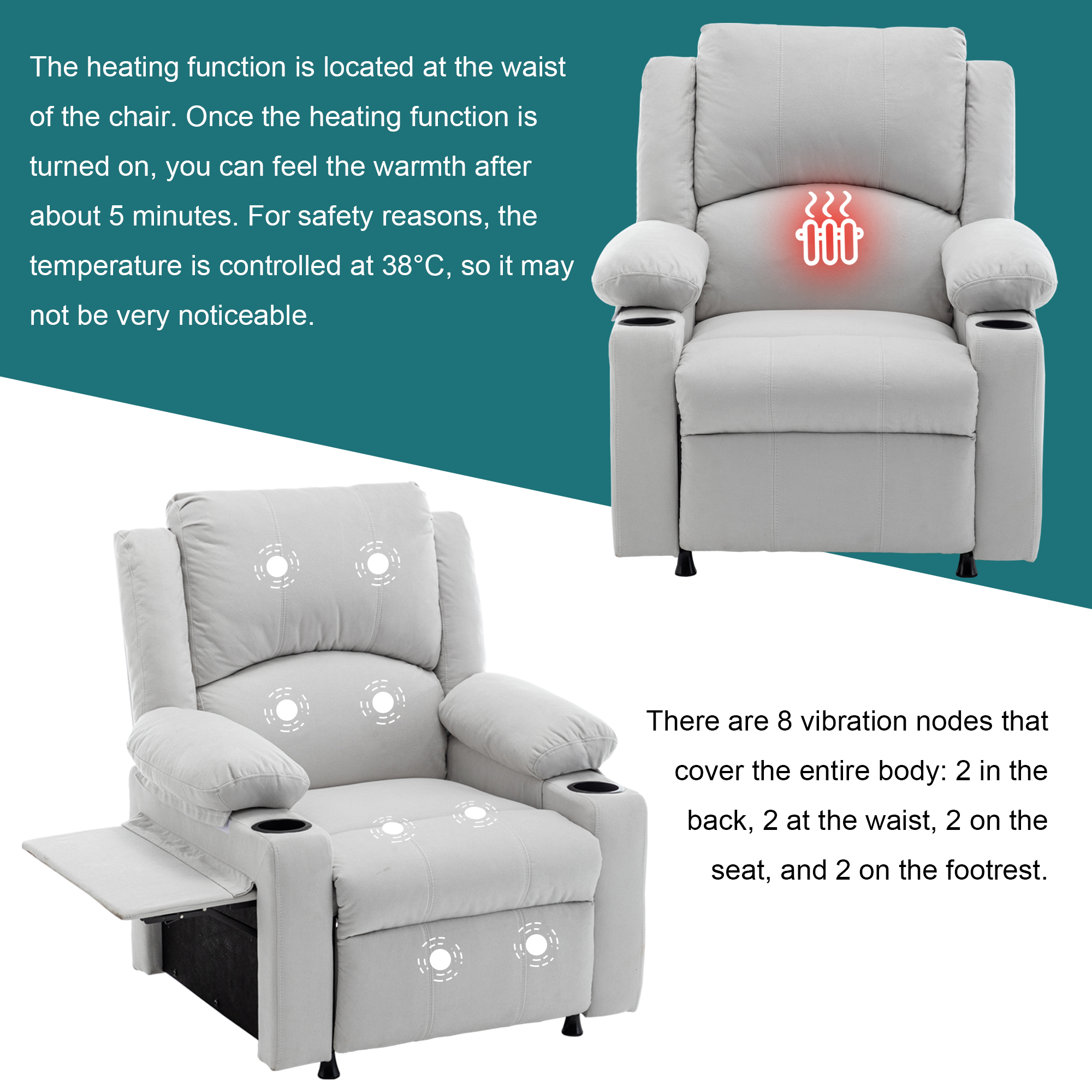 Andeworld 21" Recliner Chairs with Heat and Massage,Lazy Boy Recliner Chair for Adults,Recliner Sofa chairs with Cup Holder and Side Pocket for Living Rooms, Bedrooms, and Nurseries(Beige)