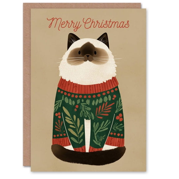 Cute Christmas Cat Card – "Merry Christmas" Sweater Design – Envelope Included, Blank Inside – Ideal Holiday Greeting for Cat Lovers