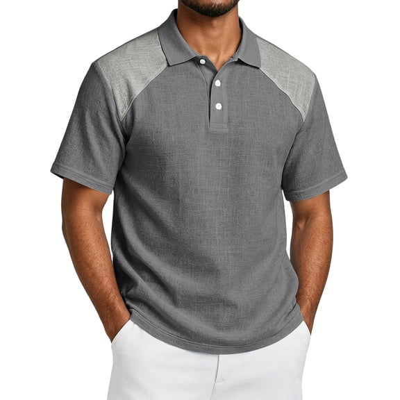 Fabrcox Short Sleeve Polo Shirts for Men Collared Henley Men Linen Shirt Lightweight Relaxed Fit Color Block Vacation Workout Golf Shirts Men Gray S