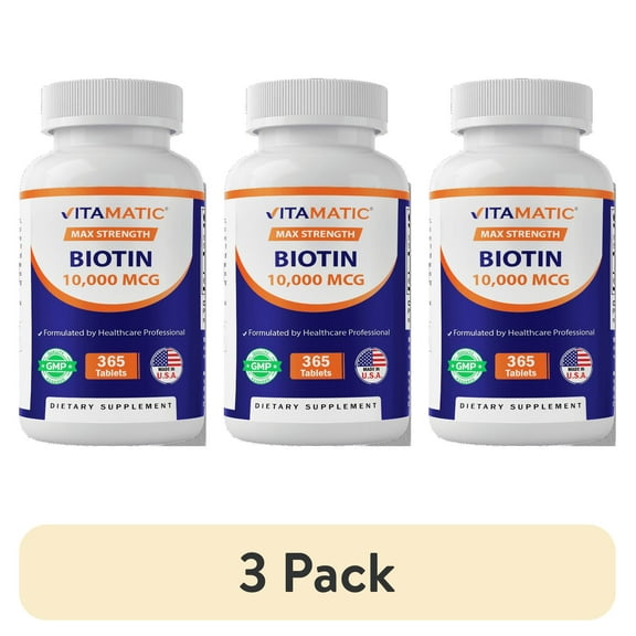 (3 pack) Vitamatic Biotin 10,000 mcg for Stronger Hair, Skin & Nails - 365 Vegan Tablets- Also Called Vitamin B7