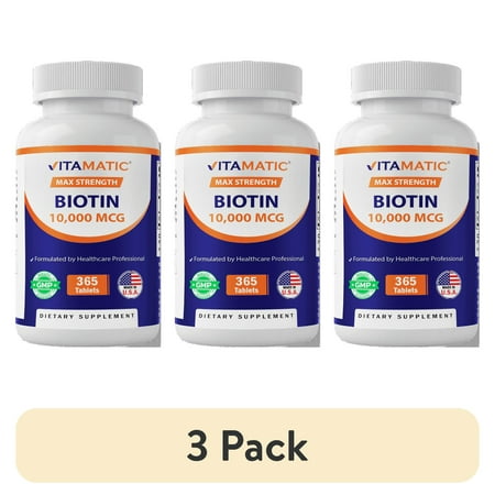 (3 pack) Vitamatic Biotin 10,000 mcg for Stronger Hair, Skin & Nails - 365 Vegan Tablets- Also Called Vitamin B7