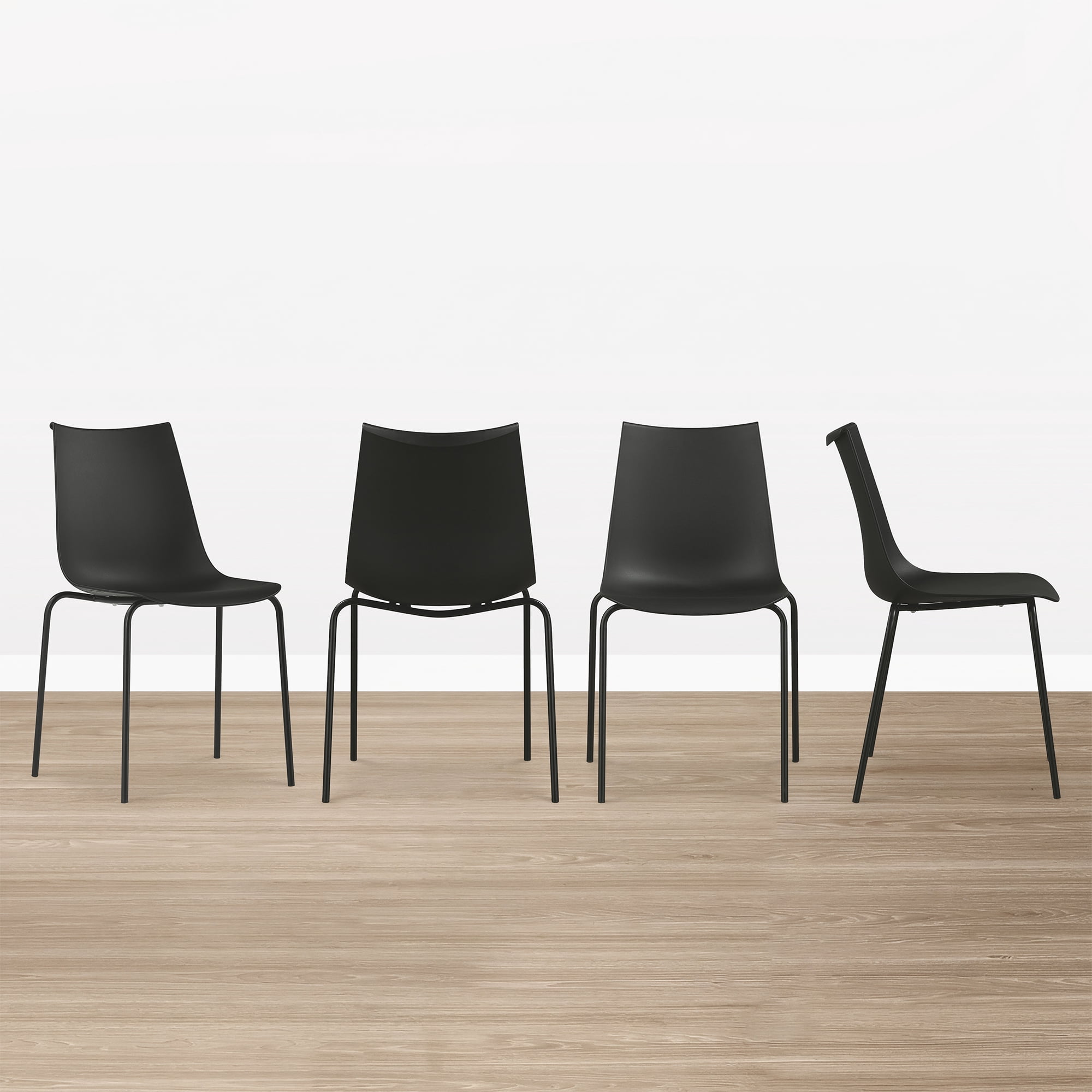 Spruce & Spring Modern Stackable Dining Chairs, Set of 4 Molded Plastic Kitchen Chairs with Metal Legs, Space-Saving Armless Design, BLACK