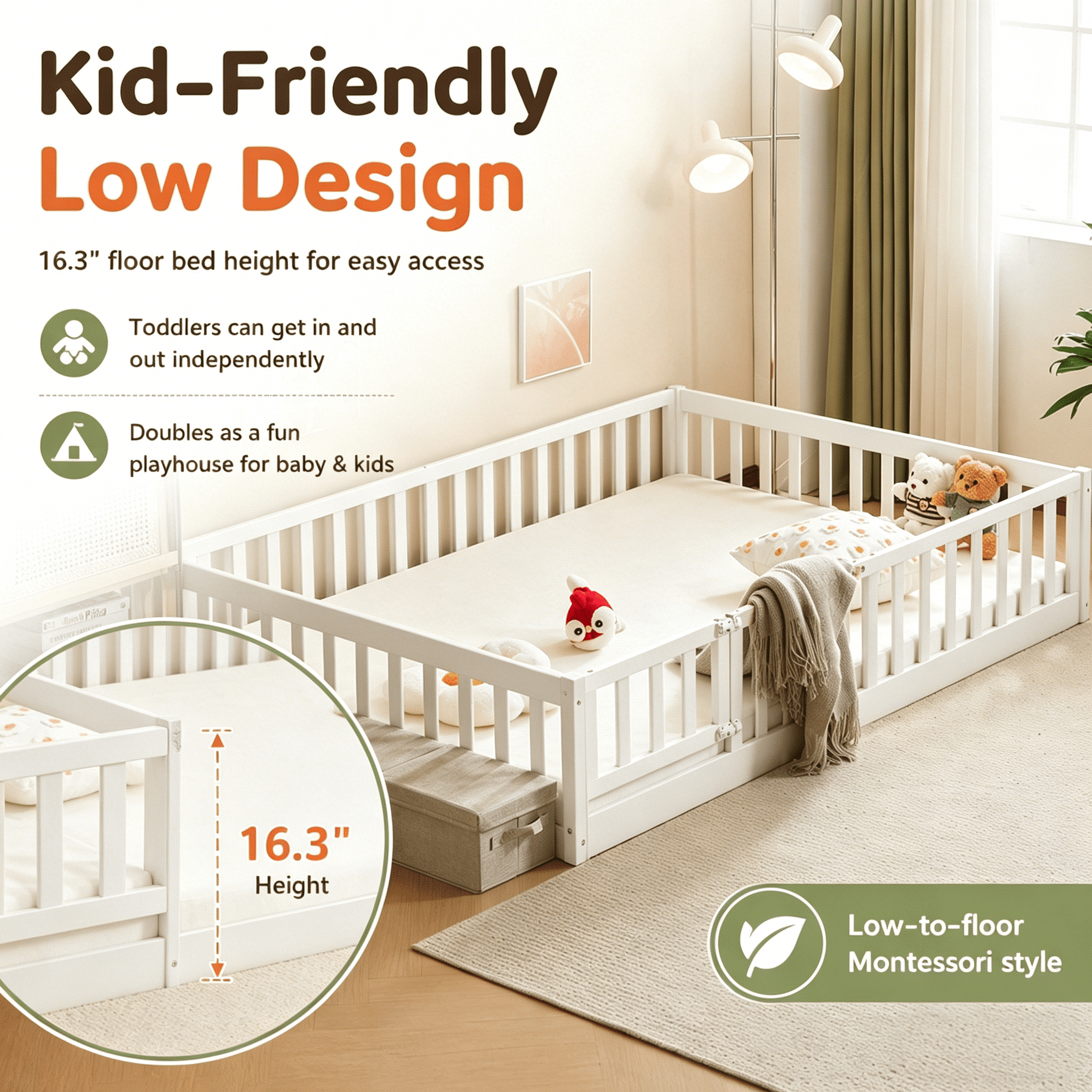 Zimtown Montessori Floor Bed Frame, Full Size Kids Toddler Bed with Fence and Door, Wooden Platform Bed, White