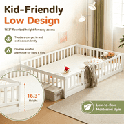Zimtown Montessori Floor Bed Frame, Full Size Kids Toddler Bed with Fence and Door, Wooden Platform Bed, White