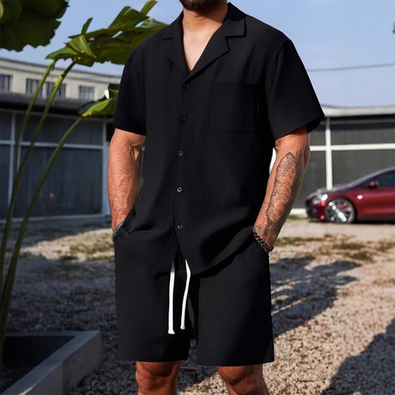 Kakii 2 Piece Short Sets for Men Summer Beach Outfits Stripe Texture Button Down Shirts & Shorts Casual Vacation Set