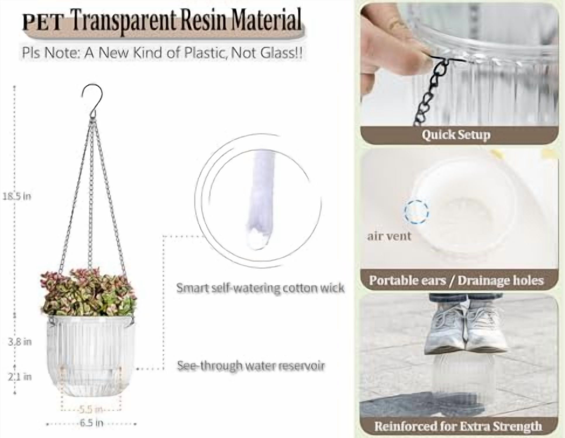 2 Pack Self Watering Hanging Planters Indoor Flower Pots, 6.5 Inch Outdoor Hanging Plant Pot Basket, Plant Hanger with 3Hooks Drainage Holes for Garden Home (Gray + White)