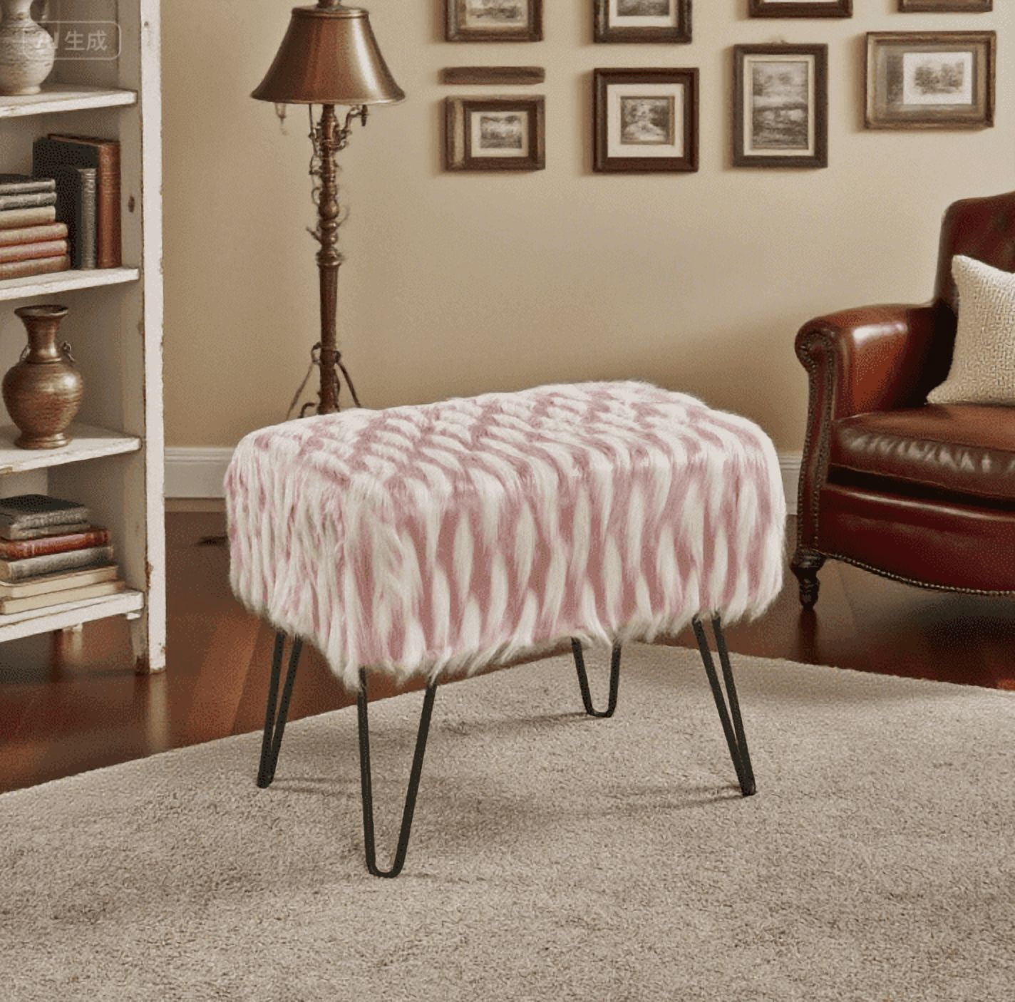 Home Soft Things Feathery Faux Fur Stool Chair Upholstered Footrest Ottoman with Black Metal Legs and Padded Seat, Pink, 19" x 13" x 17"