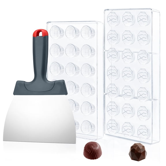 2PCS Polycarbonate Chocolate Molds with a Chocolate Scraper, Multipurpose Candy Molds for Chocolate, Jelly and Cake Decoration, 3 Shapes Truffle Mold, Bakery Supplies