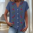 thumbnail image 4 of YUGYXL Button Down Shirts for Women Cap Sleeve Floral Printed Tops V Neck Henley Blouse Business Casual Outfits for Daily Blue Tops S, 4 of 5