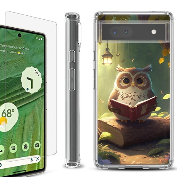 Shockproof Bumper Phone Case for Google Pixel 6a, with Tempered Glass Screen Protector, by OneToughShield ® - Owl Reading