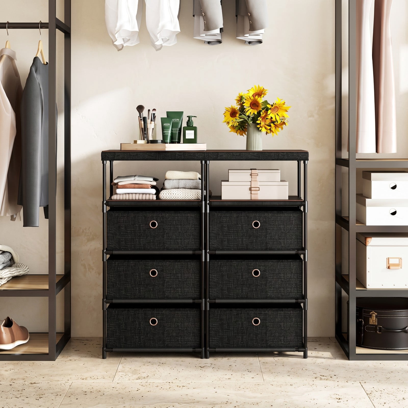 Furnibear 3-Drawer Fabric Storage Tower Dresser with Wood Top Open Shelf and Metal Frame for Bedroom Closet and Office, Black