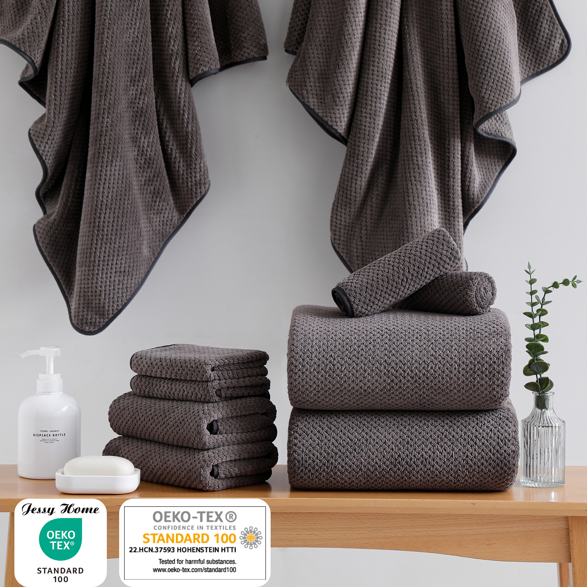 Jessy Home 8 Piece Towel Set Oversized Soft Cozy Towels 600 GSM Brown Plush Towel Set