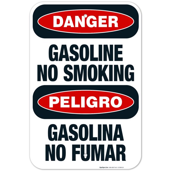 Gasoline No Smoking Bilingual Sign, OSHA Danger Sign, (SI-3969) 12x18 Aluminum