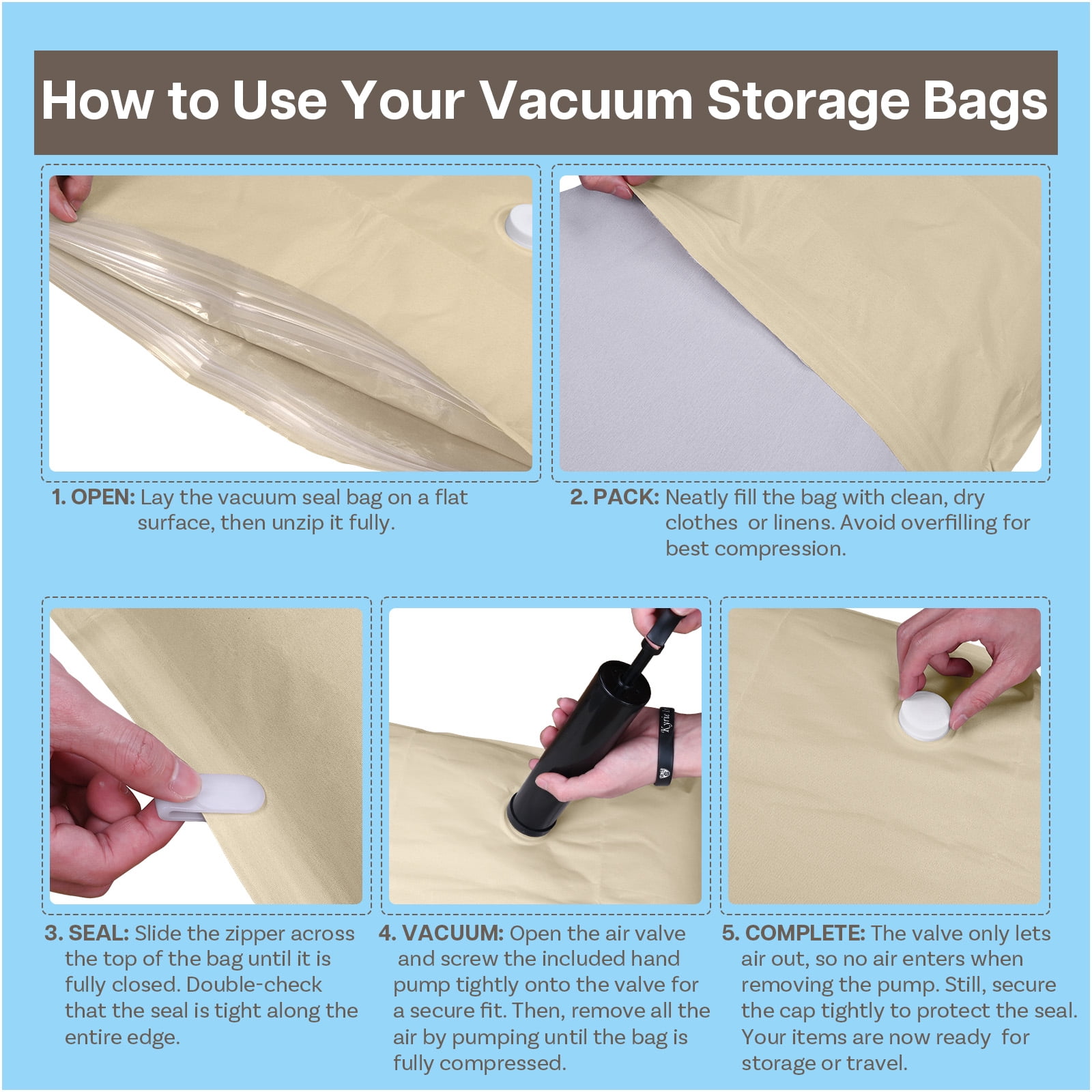 Vacuum Seal Storage Bags for Clothing & Travel (6 Pack S/M/L) – Reusable Space Saver Compression Bags for Moving & Long-Term Storage – Includes Hand Pump – Brown/Beige by MMOBIEL