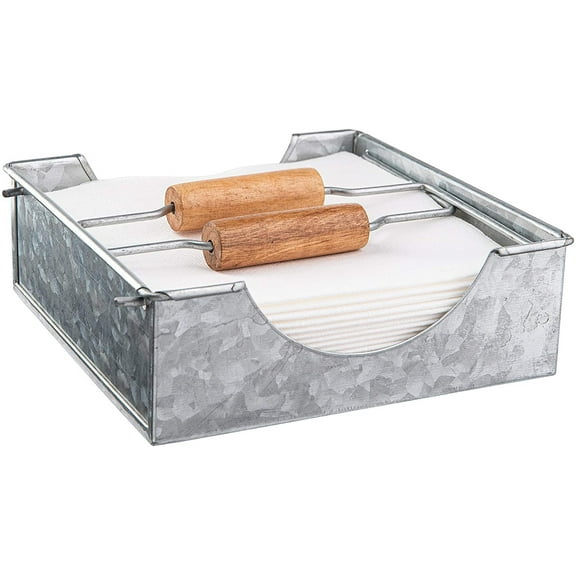Royalty Art Rustic Napkin Holder with Dual Wooden Handles Square Country Style Galvanized Metal,Heavy-Duty Kitchen & Dining Room Paper Storage, Indoor & Outdoor Use