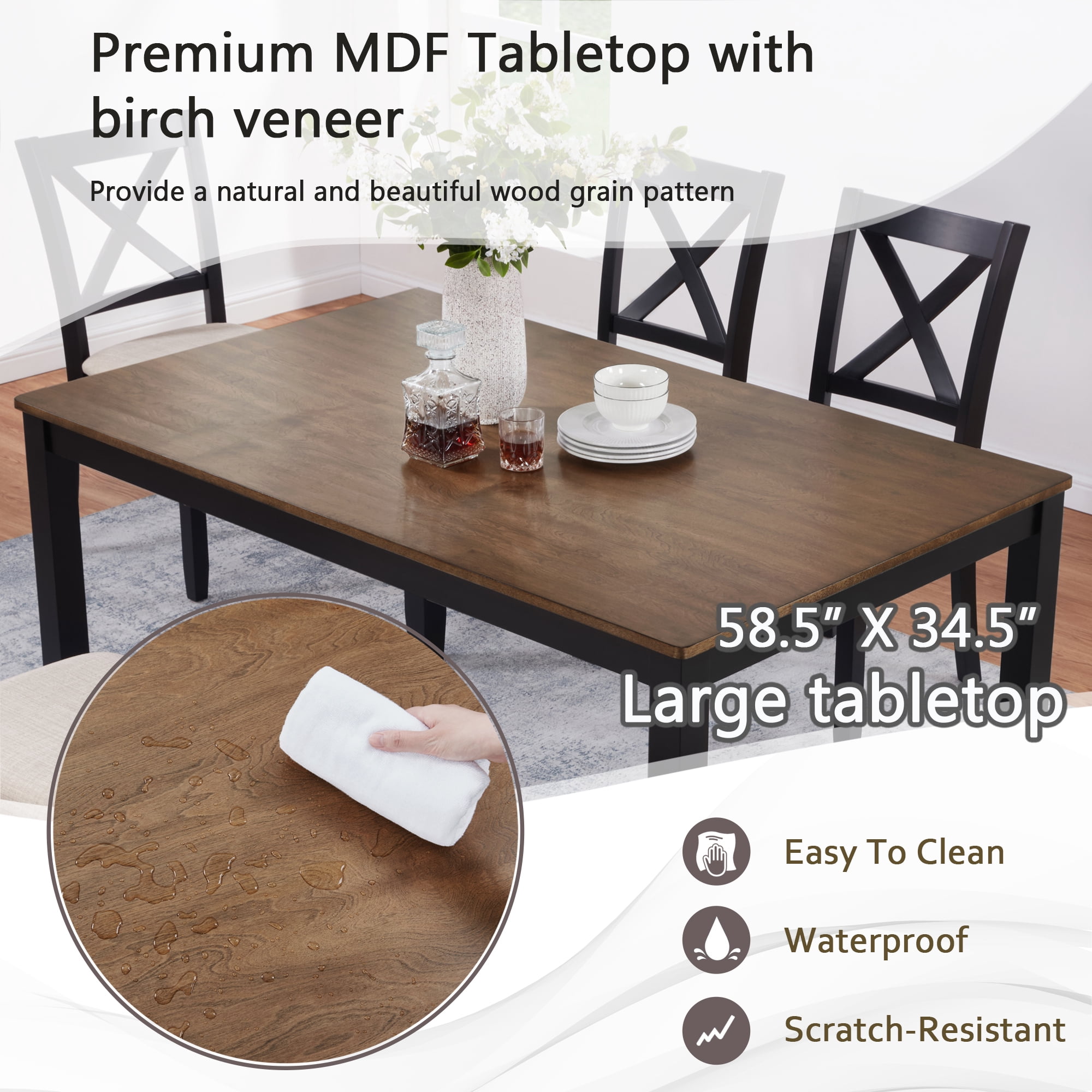 Leumius 6 Pieces Dining Table Set,Wood Dining Table Set with 4 Upholstered Chairs and a Bench,Modern Kitchen Table Set for 6 Person,White+Gray