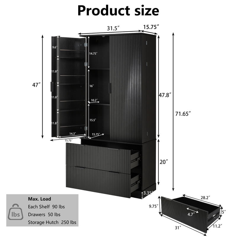72'' Tall Fluted Kitchen Pantry Hutch with Rack & Drawer, Multi-Functional Storage Cabinet, Freestanding Cupboard Organizer