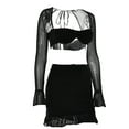 thumbnail image 5 of Gureui Women's Sexy 2Pcs Outfit Backless Long Sleeve Sheer Mesh Crop Tops and Bodycon Ruched Mini Ruffle Skirt Set, 5 of 7